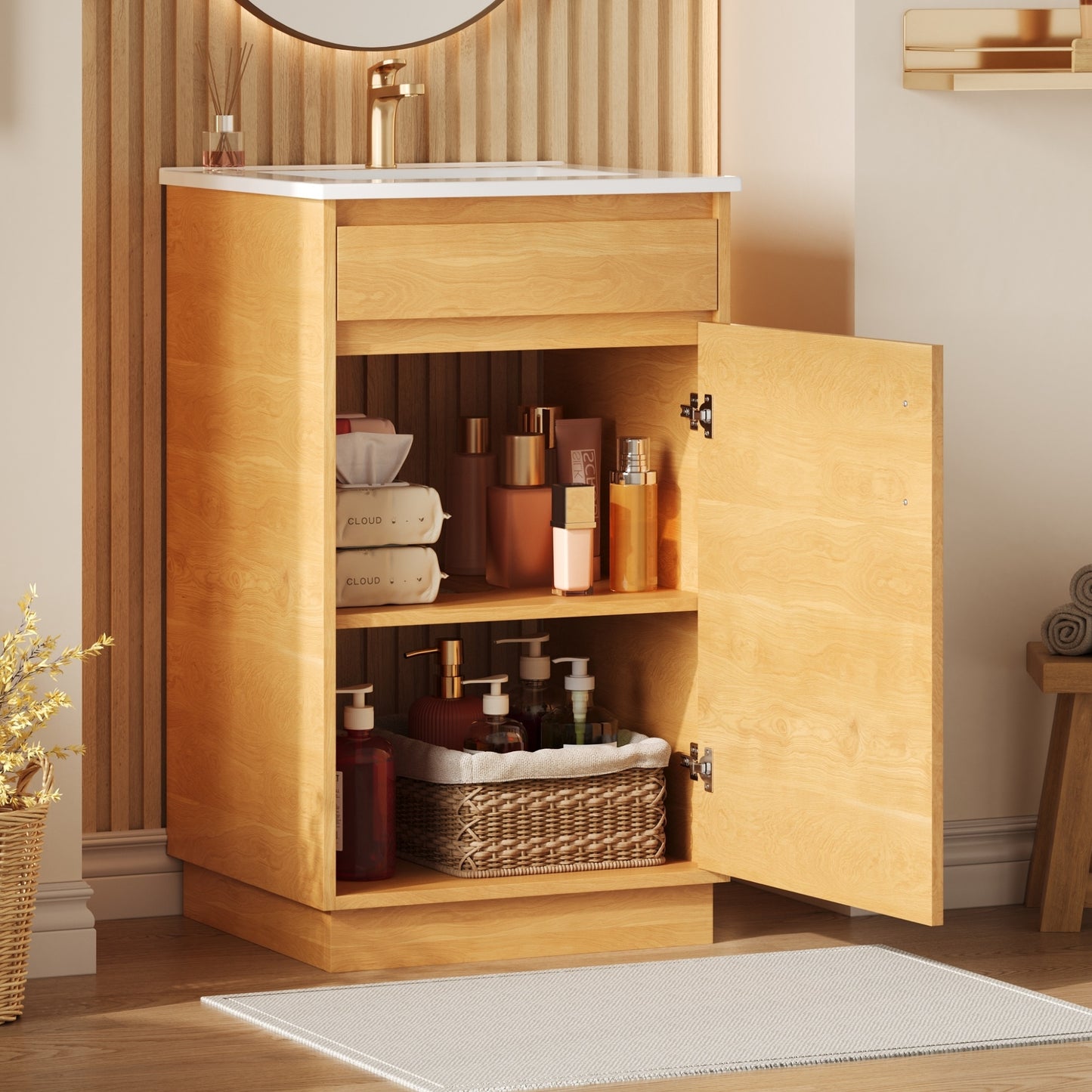VanityFus 20.3-in Natural Wood Single Sink Bathroom Vanity with Ceramic Top Undermount 1 Soft-Closing Door Adjustable Shelves
