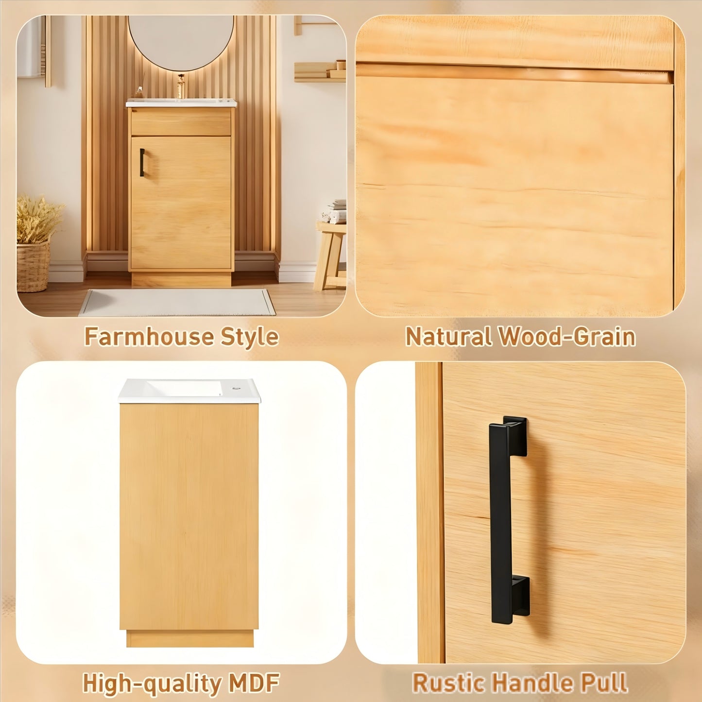 VanityFus 20.3-in Natural Wood Single Sink Bathroom Vanity with Ceramic Top Undermount 1 Soft-Closing Door Adjustable Shelves