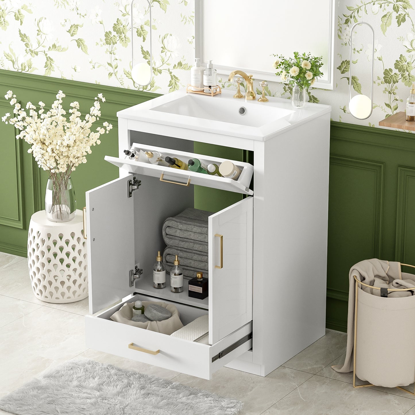 VanityFus 24-in White Single Sink Bathroom Vanity with Ceramic Top Undermount 1 Door 2 Drawers