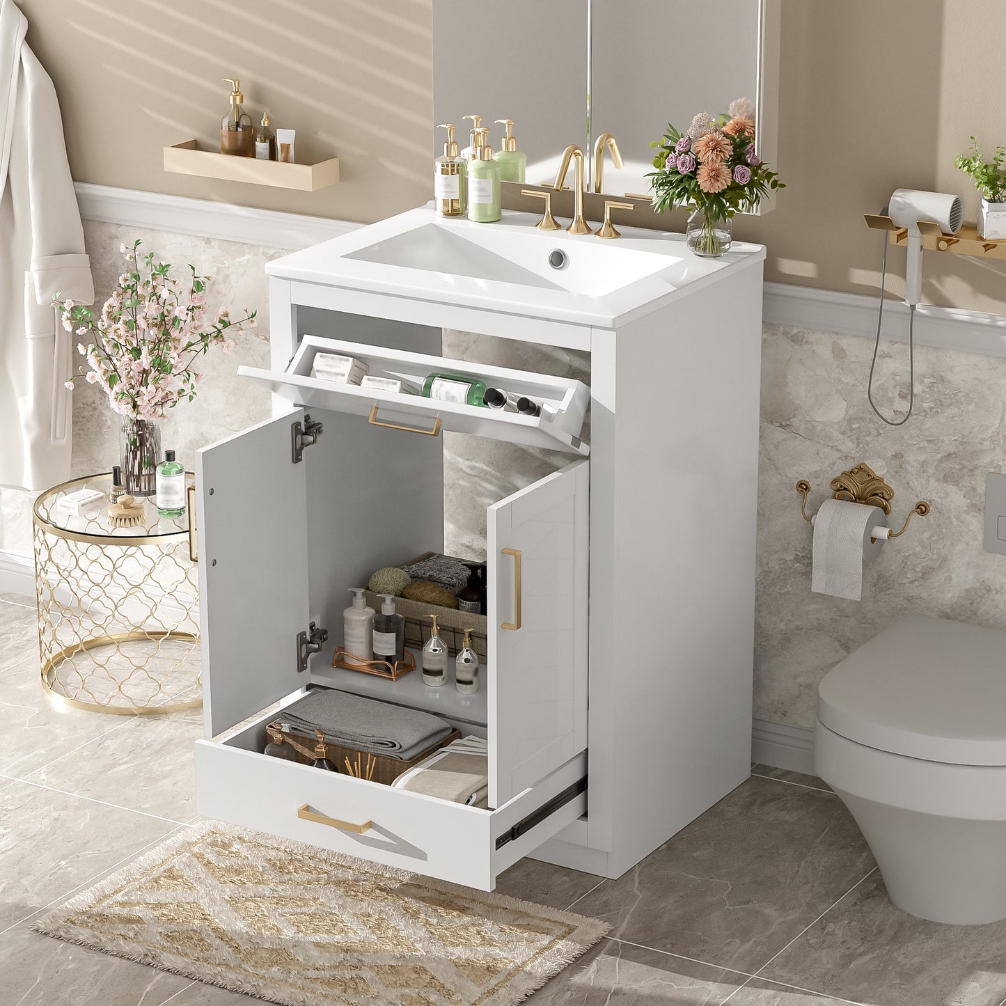 VanityFus 24-in White Single Sink Bathroom Vanity with Ceramic Top Undermount 1 Door 2 Drawers