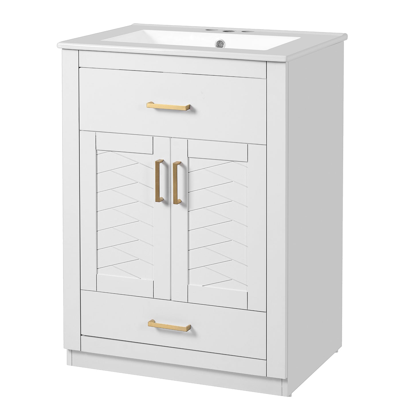 VanityFus 24-in White Single Sink Bathroom Vanity with Ceramic Top Undermount 1 Door 2 Drawers