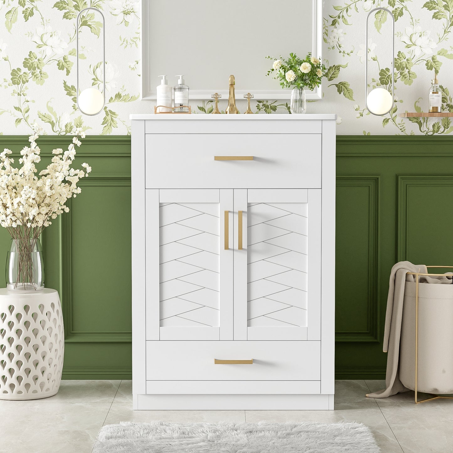VanityFus 24-in White Single Sink Bathroom Vanity with Ceramic Top Undermount 1 Door 2 Drawers