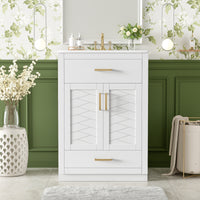 VanityFus 24-in White Single Sink Bathroom Vanity with Ceramic Top Undermount 1 Door 2 Drawers