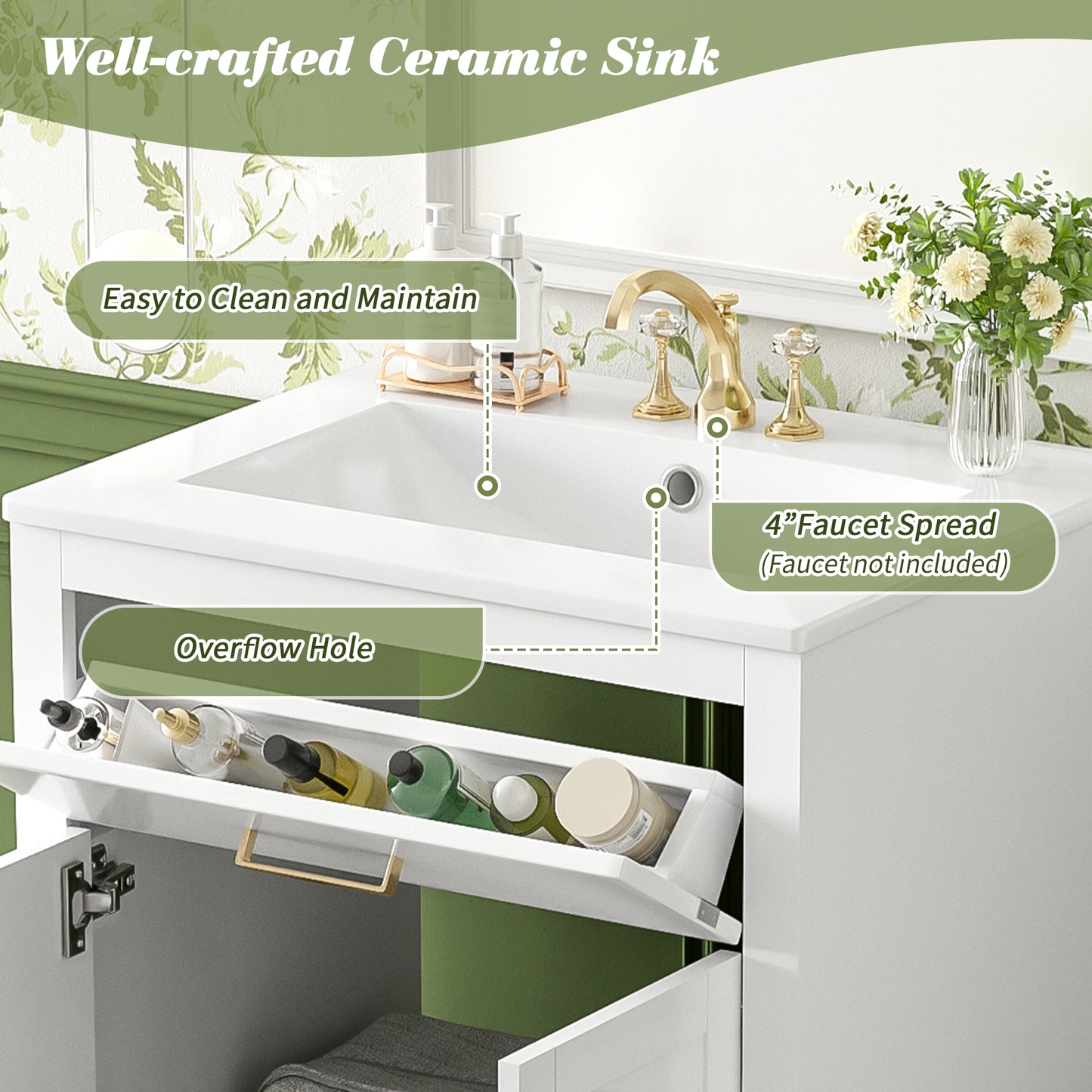 VanityFus 24-in White Single Sink Bathroom Vanity with Ceramic Top Undermount 1 Door 2 Drawers