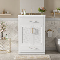 VanityFus 24-in White Single Sink Bathroom Vanity with Ceramic Top Undermount 1 Door 2 Drawers