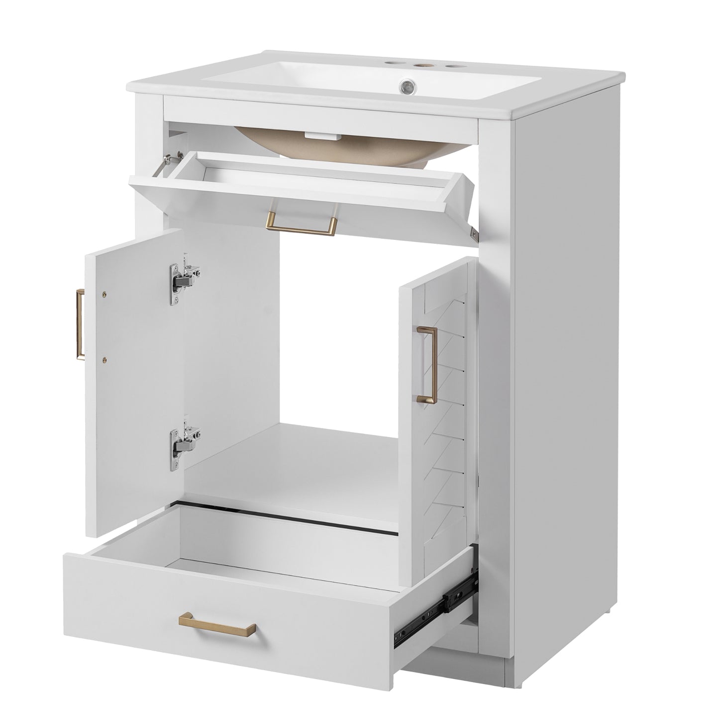 VanityFus 24-in White Single Sink Bathroom Vanity with Ceramic Top Undermount 1 Door 2 Drawers