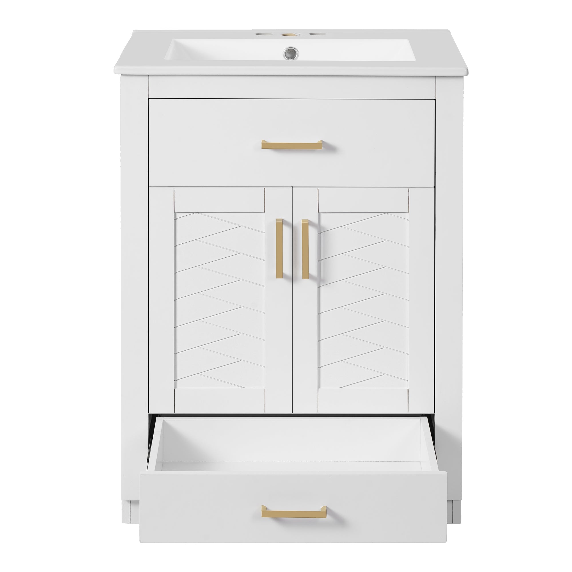 VanityFus 24-in White Single Sink Bathroom Vanity with Ceramic Top Undermount 1 Door 2 Drawers
