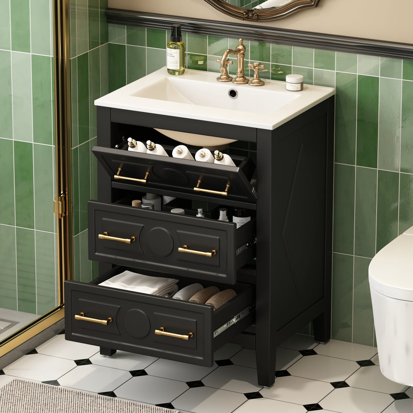 VanityFus 24-in Black Single Sink Bathroom Vanity with Ceramic Top Undermount