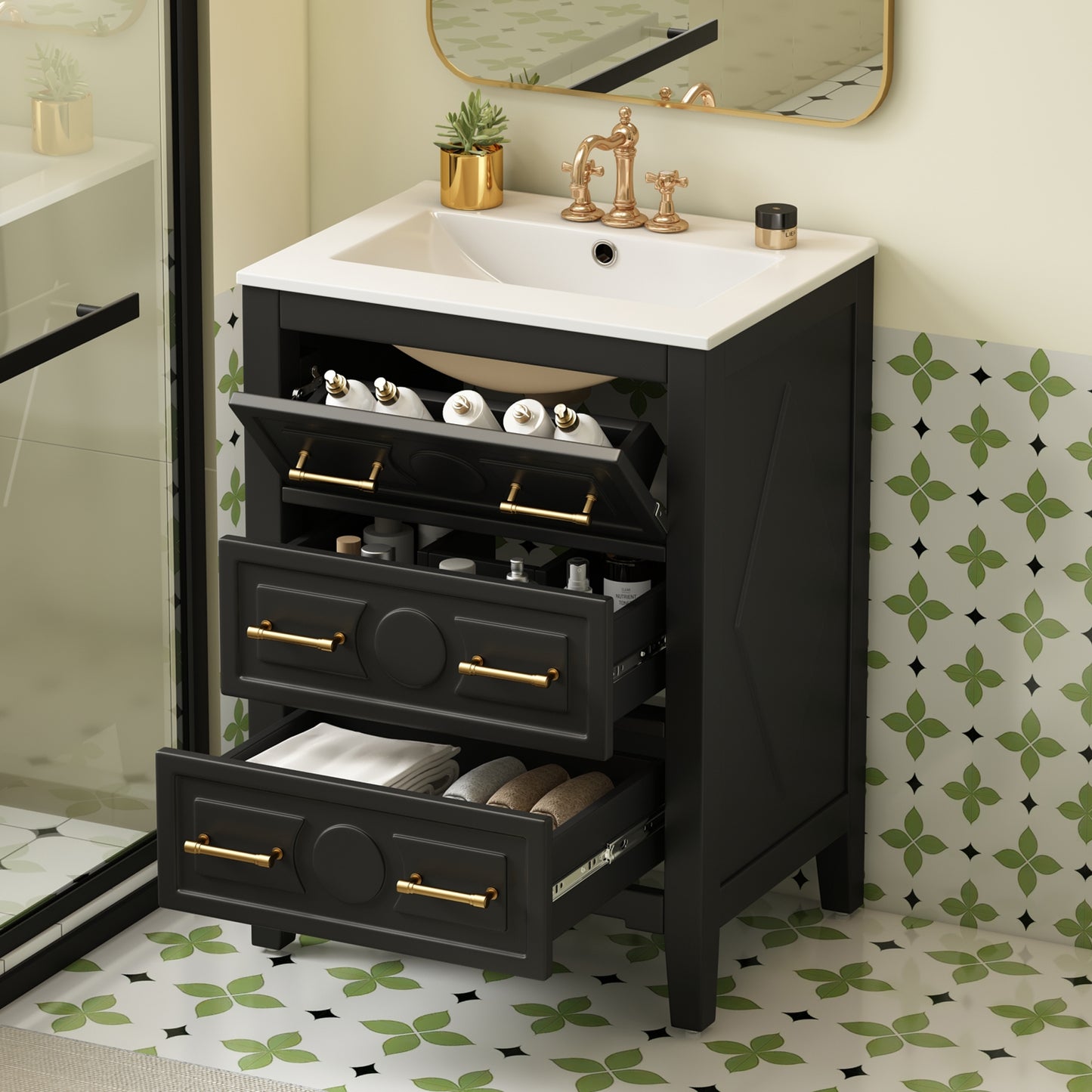 VanityFus 24-in Black Single Sink Bathroom Vanity with Ceramic Top Undermount