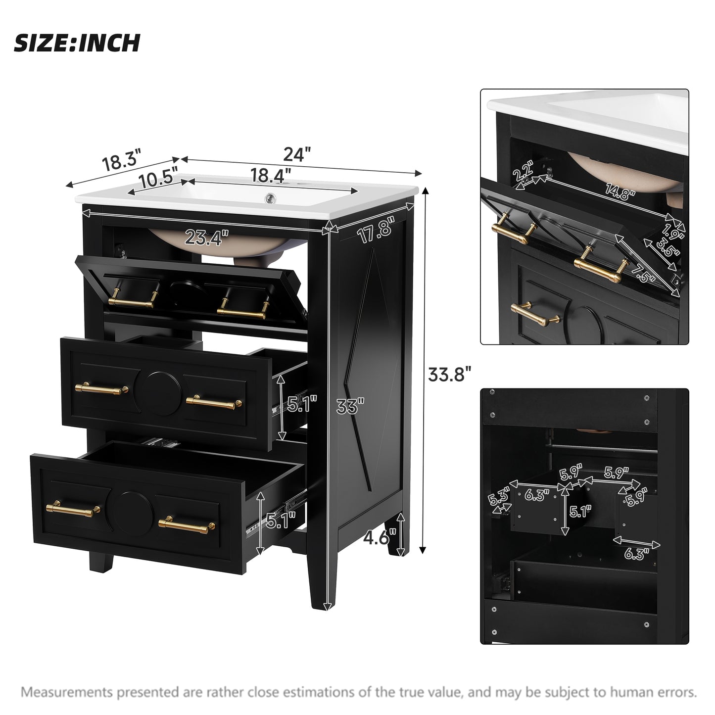 VanityFus 24-in Black Single Sink Bathroom Vanity with Ceramic Top Undermount