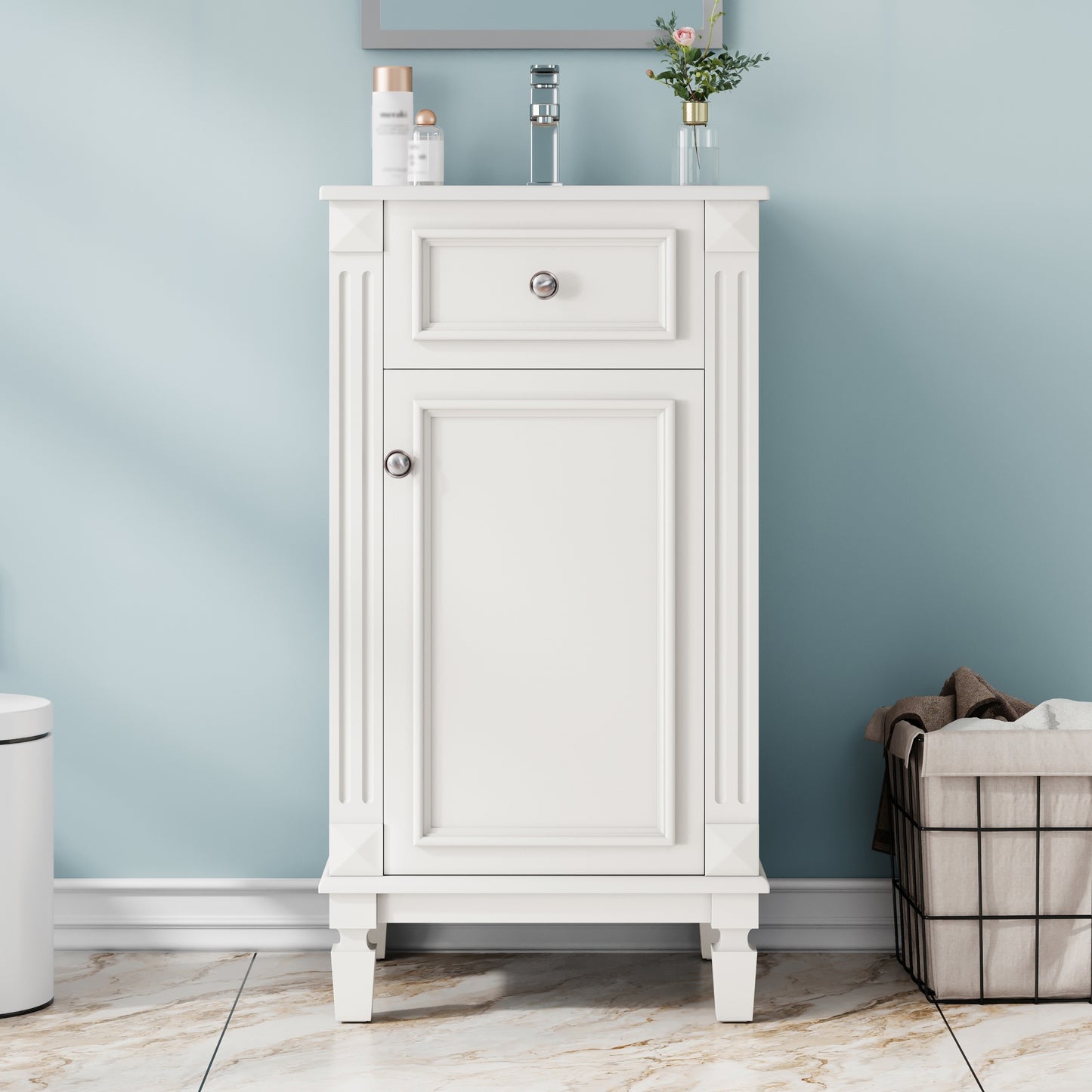 VanityFus 17.9-in White Single Sink Bathroom Vanity with Ceramic Top Undermount 1 Soft-Closing Door Adjustable Shelves