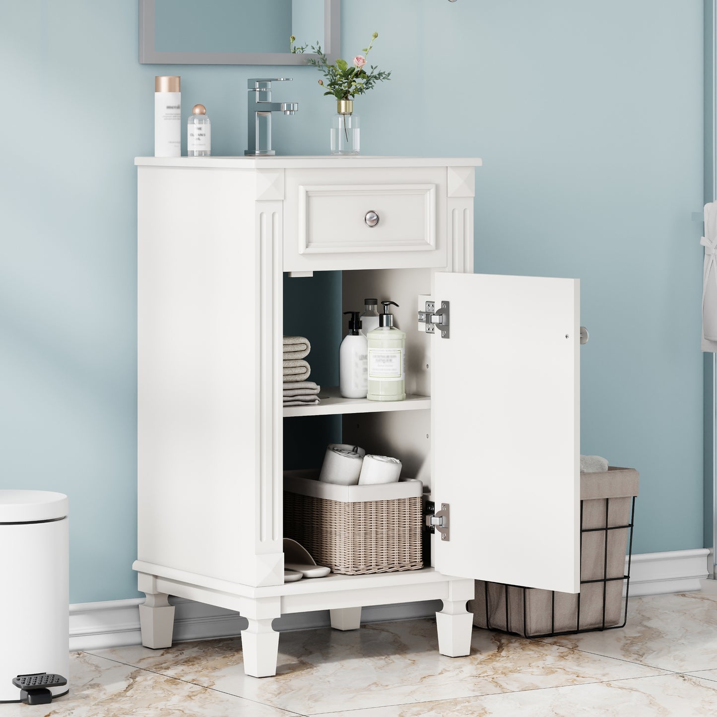 VanityFus 17.9-in White Single Sink Bathroom Vanity with Ceramic Top Undermount 1 Soft-Closing Door Adjustable Shelves