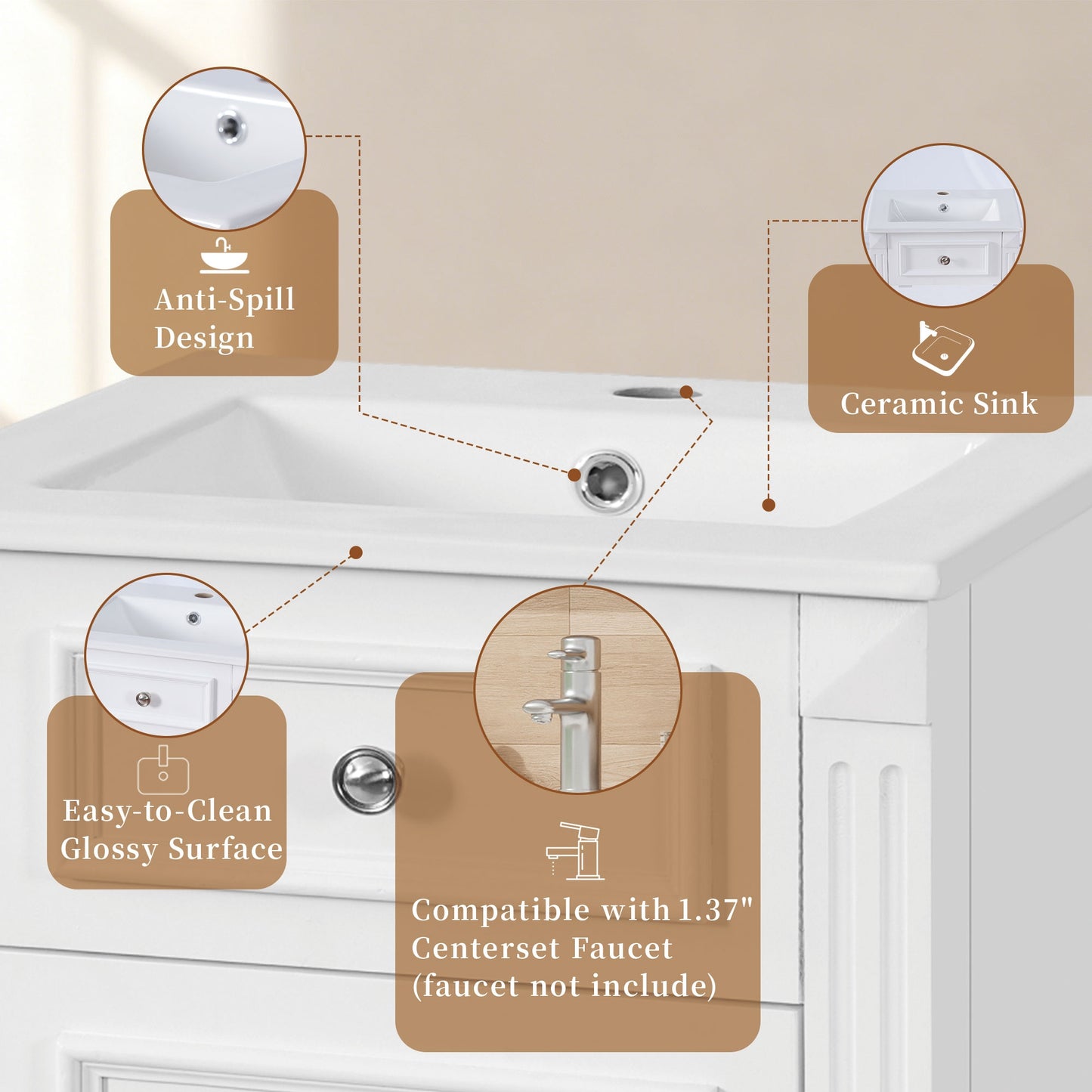 VanityFus 17.9-in White Single Sink Bathroom Vanity with Ceramic Top Undermount 1 Soft-Closing Door Adjustable Shelves