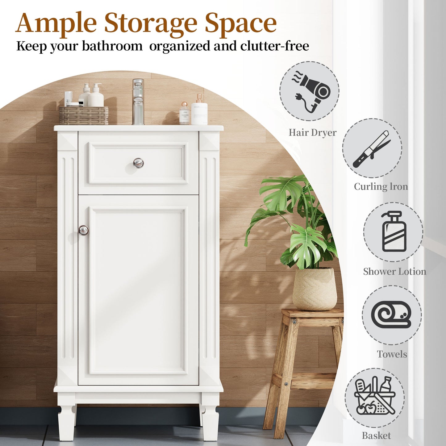VanityFus 17.9-in White Single Sink Bathroom Vanity with Ceramic Top Undermount 1 Soft-Closing Door Adjustable Shelves