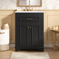 VanityFus 24-in Black Single Sink Bathroom Vanity with Ceramic Top Undermount 2 Soft-Closing Doors 1 Drawer Adjustable Shelves