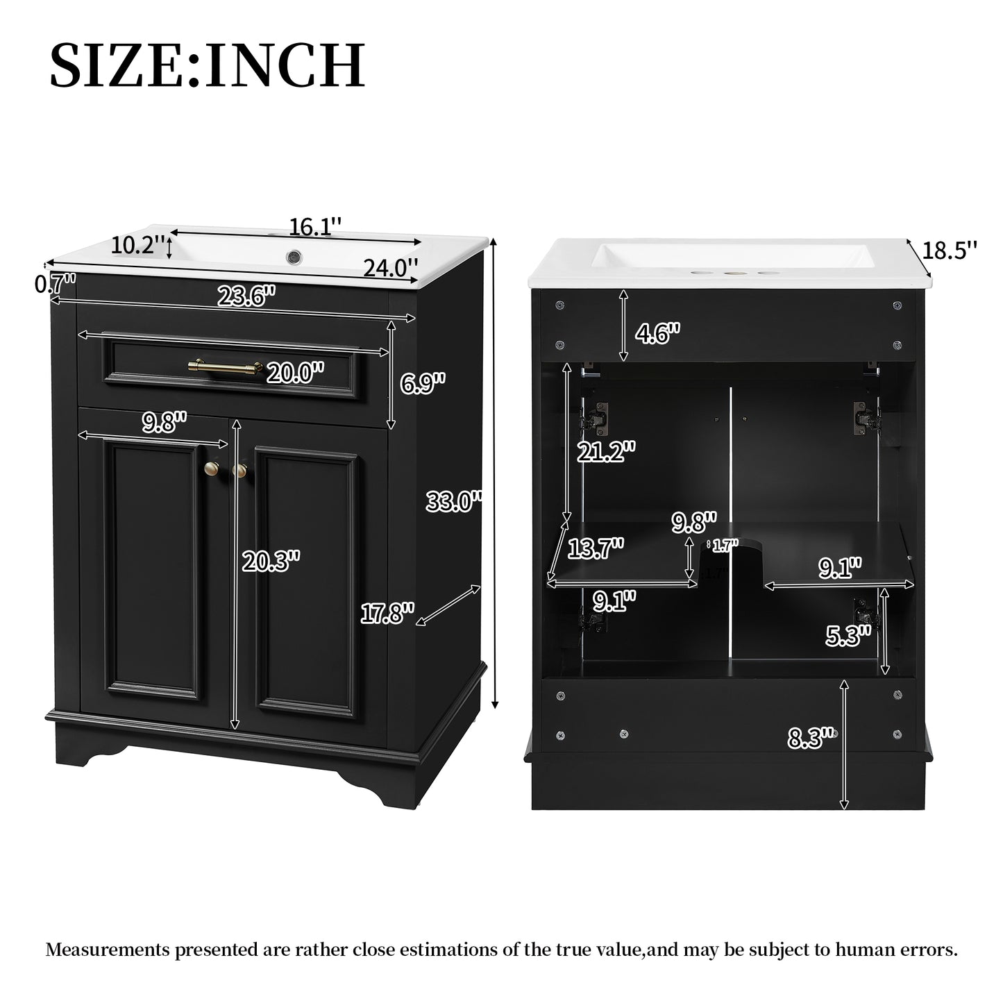 VanityFus 24-in Black Single Sink Bathroom Vanity with Ceramic Top Undermount 2 Soft-Closing Doors 1 Drawer Adjustable Shelves