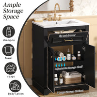 VanityFus 24-in Black Single Sink Bathroom Vanity with Ceramic Top Undermount 2 Soft-Closing Doors 1 Drawer Adjustable Shelves