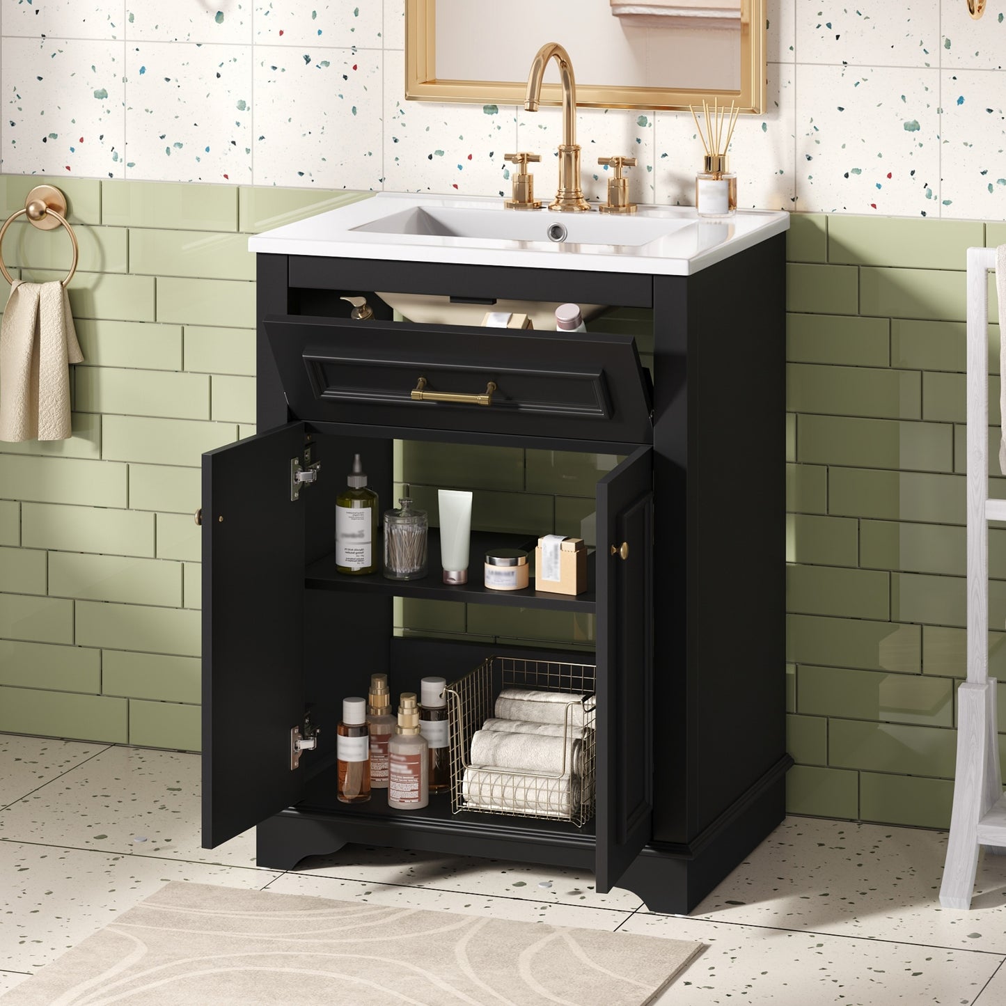 VanityFus 24-in Black Single Sink Bathroom Vanity with Ceramic Top Undermount 2 Soft-Closing Doors 1 Drawer Adjustable Shelves