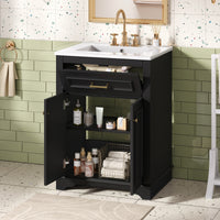 VanityFus 24-in Black Single Sink Bathroom Vanity with Ceramic Top Undermount 2 Soft-Closing Doors 1 Drawer Adjustable Shelves
