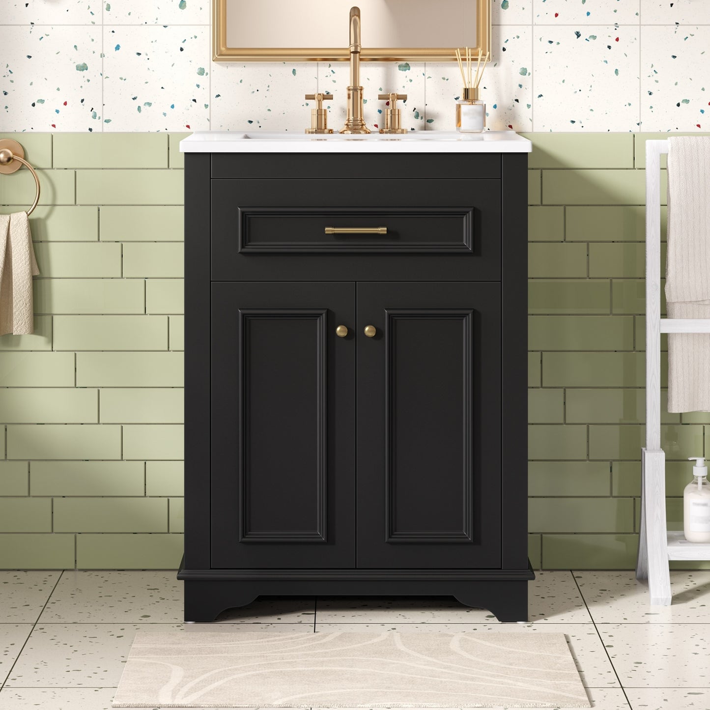 VanityFus 24-in Black Single Sink Bathroom Vanity with Ceramic Top Undermount 2 Soft-Closing Doors 1 Drawer Adjustable Shelves