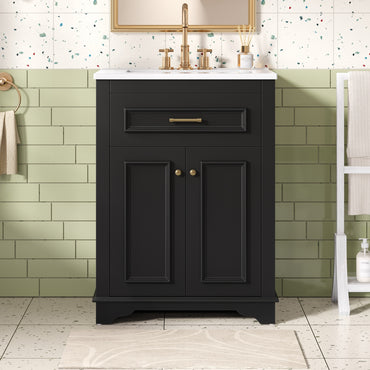 VanityFus 24-in Black Single Sink Bathroom Vanity with Ceramic Top Undermount 2 Soft-Closing Doors 1 Drawer Adjustable Shelves