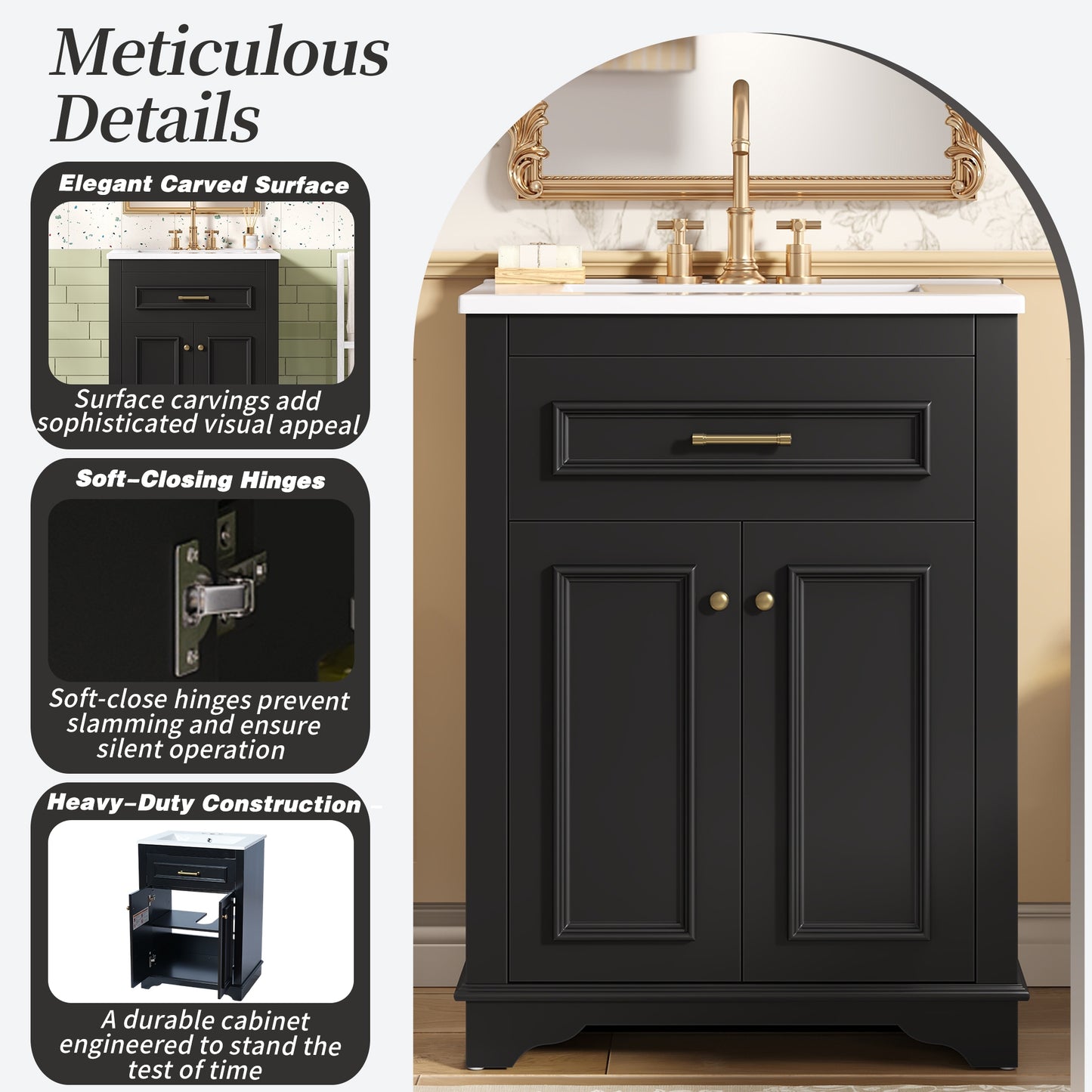 VanityFus 24-in Black Single Sink Bathroom Vanity with Ceramic Top Undermount 2 Soft-Closing Doors 1 Drawer Adjustable Shelves