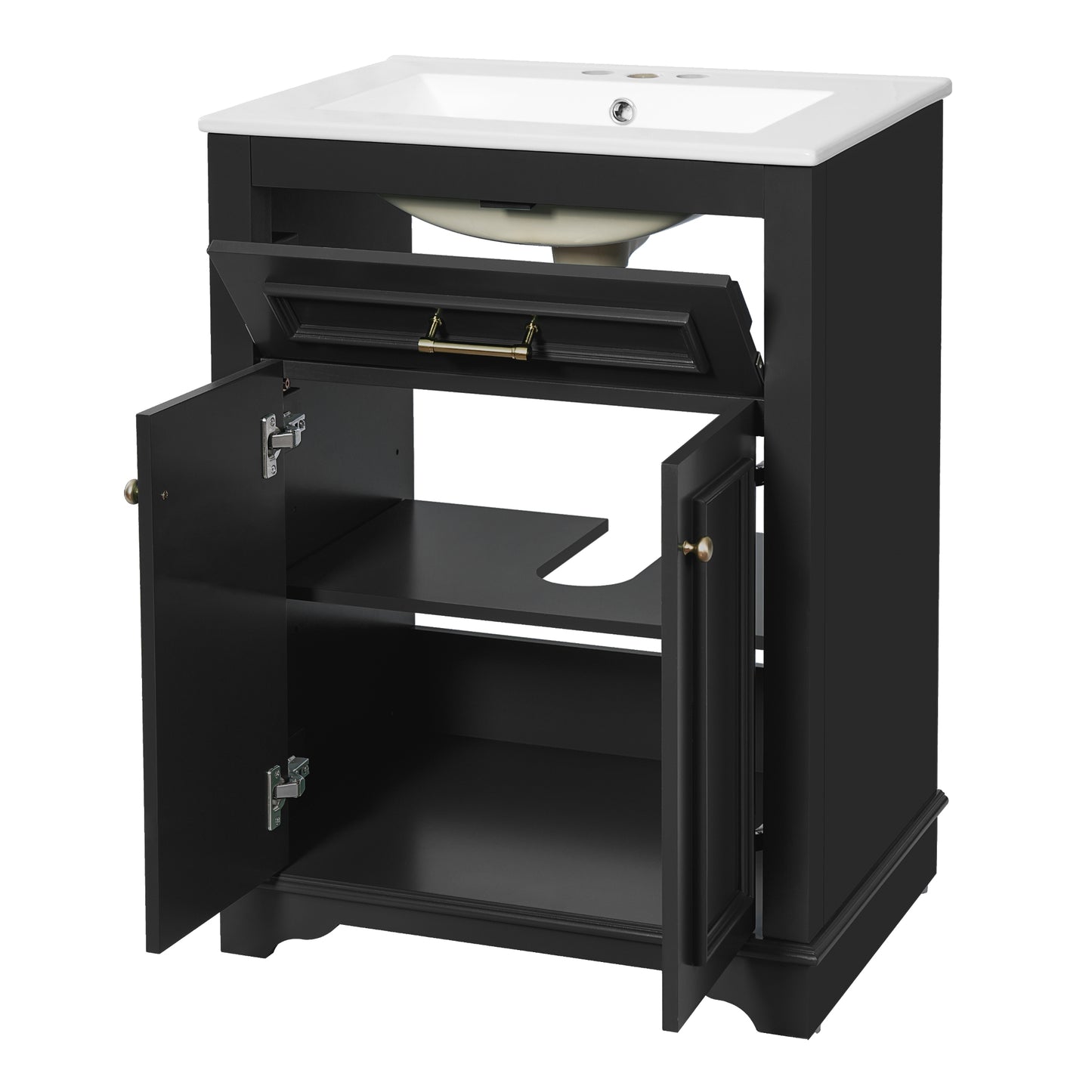 VanityFus 24-in Black Single Sink Bathroom Vanity with Ceramic Top Undermount 2 Soft-Closing Doors 1 Drawer Adjustable Shelves