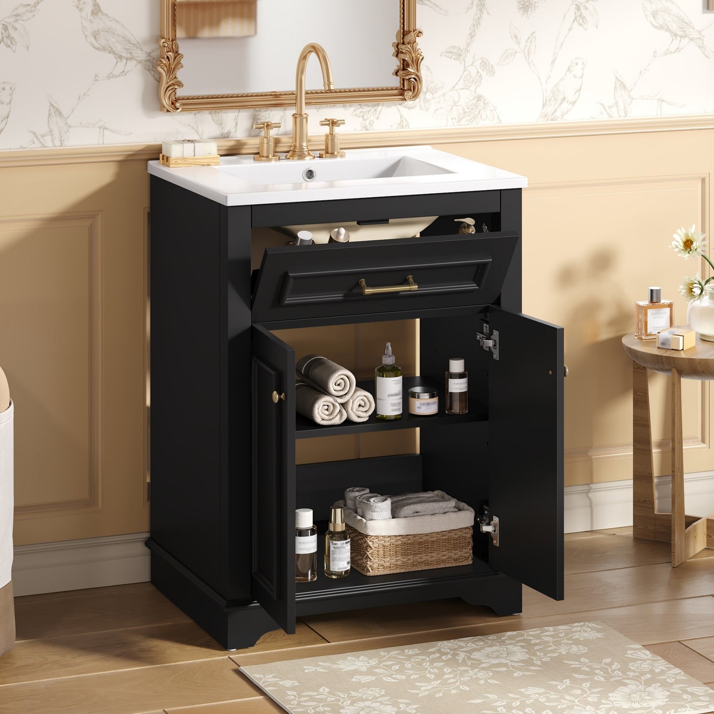 VanityFus 24-in Black Single Sink Bathroom Vanity with Ceramic Top Undermount 2 Soft-Closing Doors 1 Drawer Adjustable Shelves