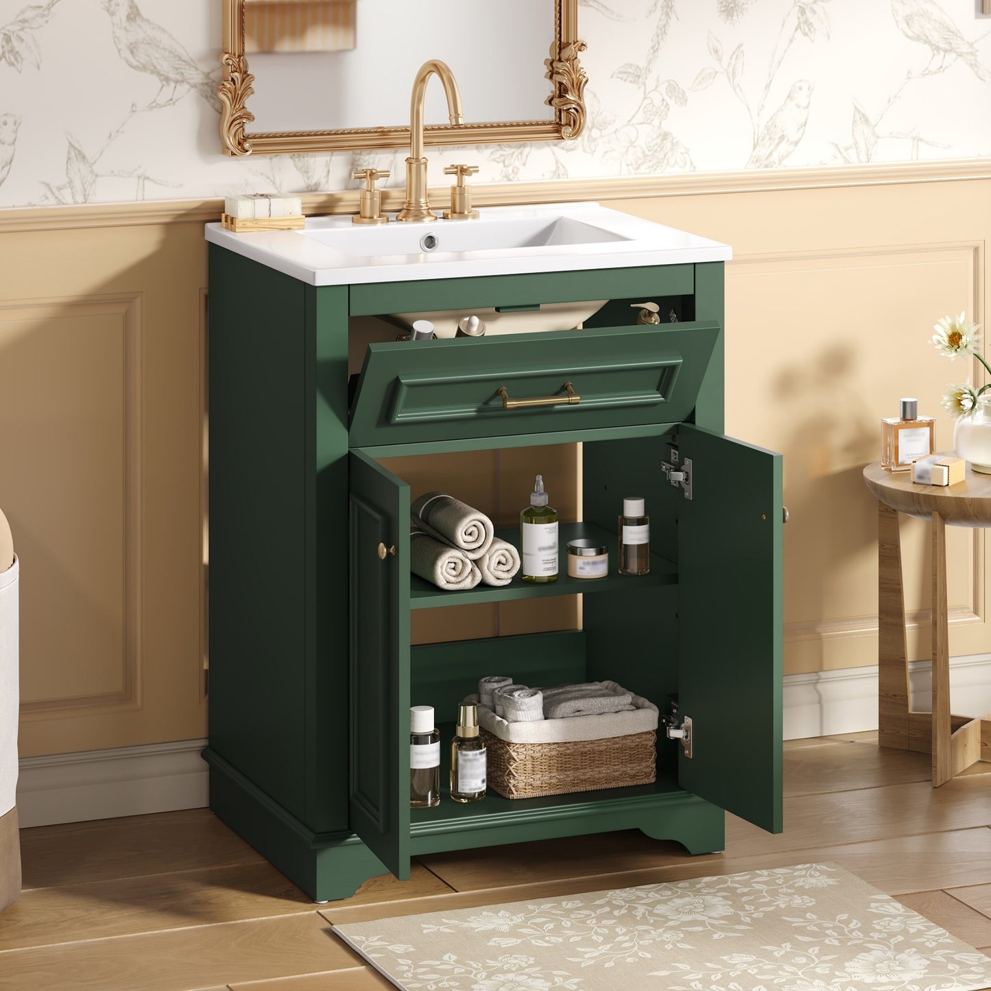 VanityFus 24-in Green Single Sink Bathroom Vanity with Ceramic Top Undermount 2 Soft-Closing Doors 1 Drawer Adjustable Shelves