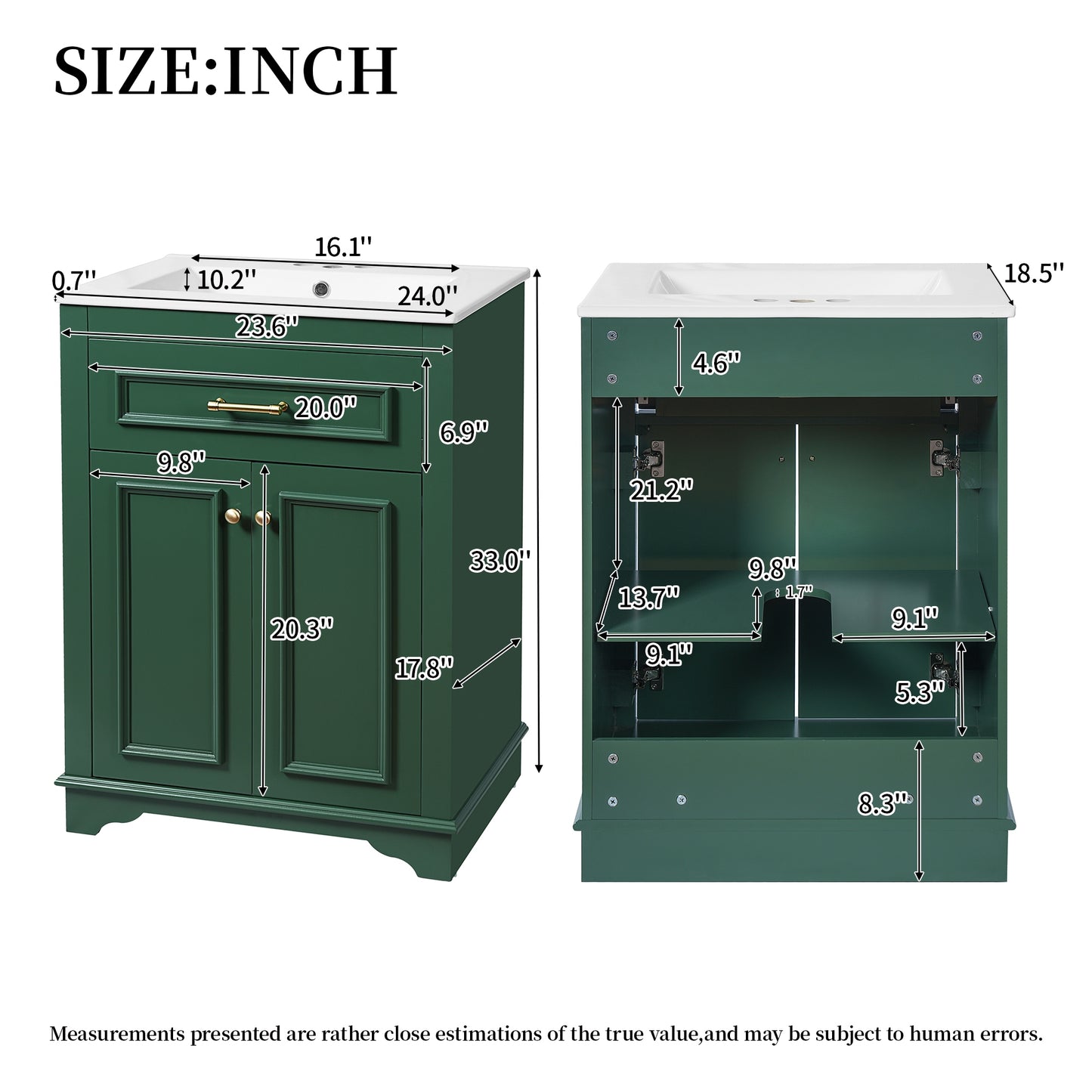 VanityFus 24-in Green Single Sink Bathroom Vanity with Ceramic Top Undermount 2 Soft-Closing Doors 1 Drawer Adjustable Shelves