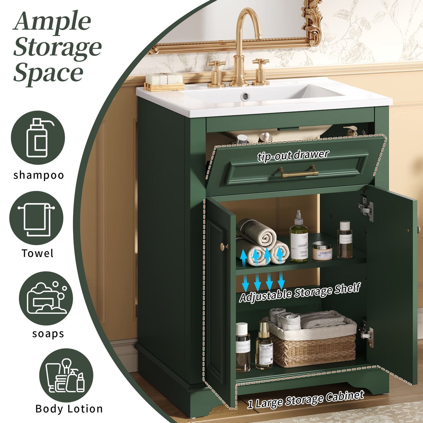 VanityFus 24-in Green Single Sink Bathroom Vanity with Ceramic Top Undermount 2 Soft-Closing Doors 1 Drawer Adjustable Shelves