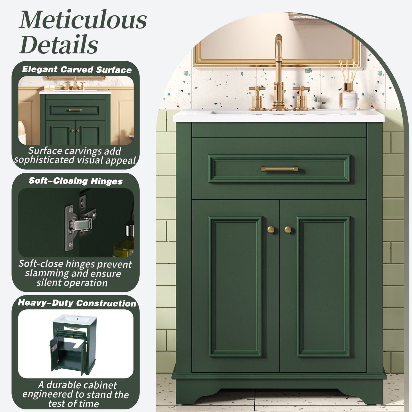 VanityFus 24-in Green Single Sink Bathroom Vanity with Ceramic Top Undermount 2 Soft-Closing Doors 1 Drawer Adjustable Shelves