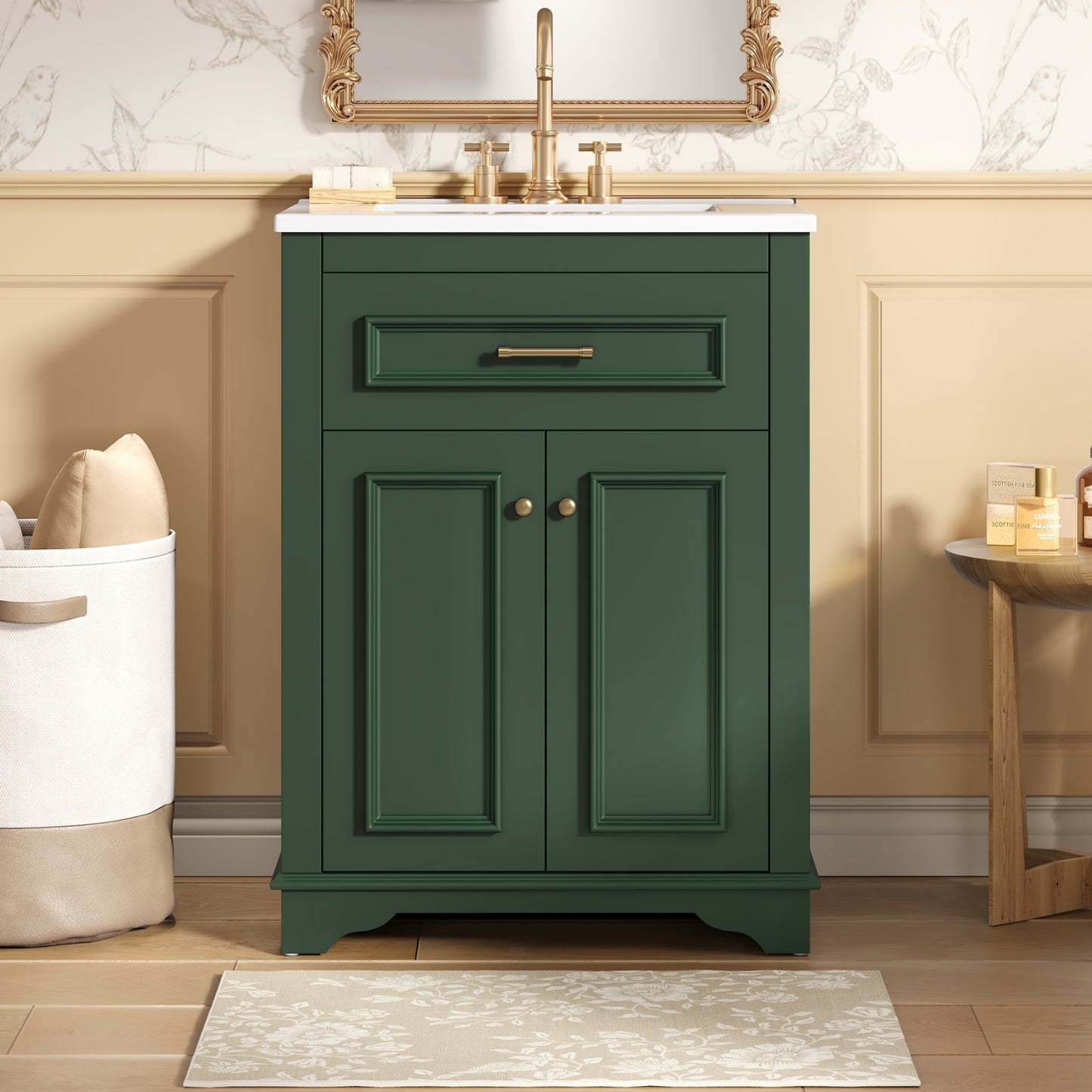 VanityFus 24-in Green Single Sink Bathroom Vanity with Ceramic Top Undermount 2 Soft-Closing Doors 1 Drawer Adjustable Shelves