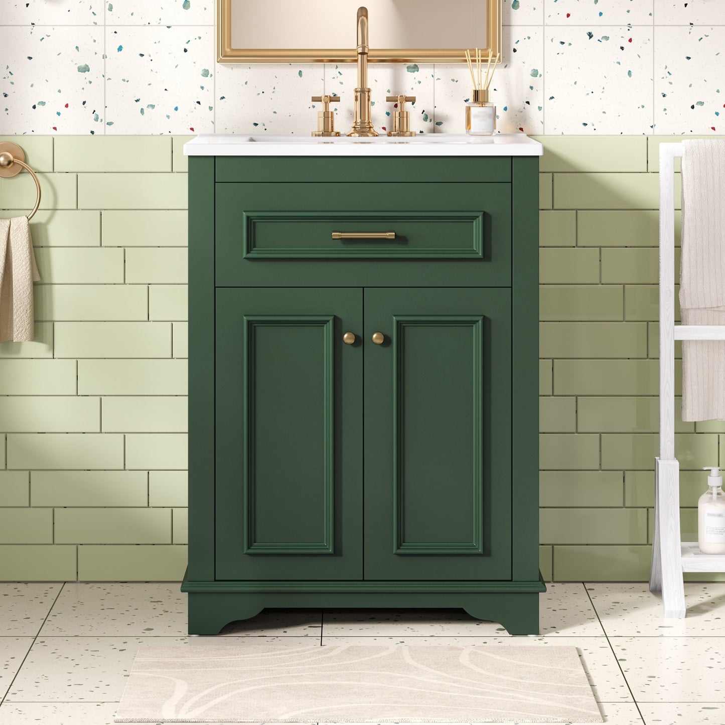 VanityFus 24-in Green Single Sink Bathroom Vanity with Ceramic Top Undermount 2 Soft-Closing Doors 1 Drawer Adjustable Shelves