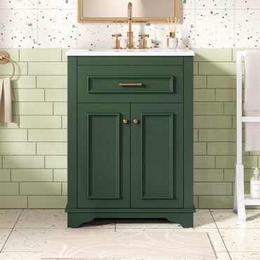 VanityFus 24-in Green Single Sink Bathroom Vanity with Ceramic Top Undermount 2 Soft-Closing Doors 1 Drawer Adjustable Shelves
