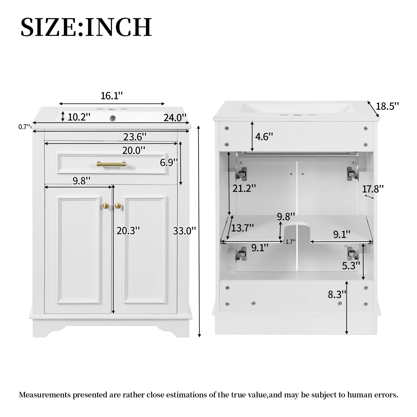 VanityFus 24-in White Single Sink Bathroom Vanity with Ceramic Top Undermount 2 Soft-Closing Doors 1 Drawer Adjustable Shelves