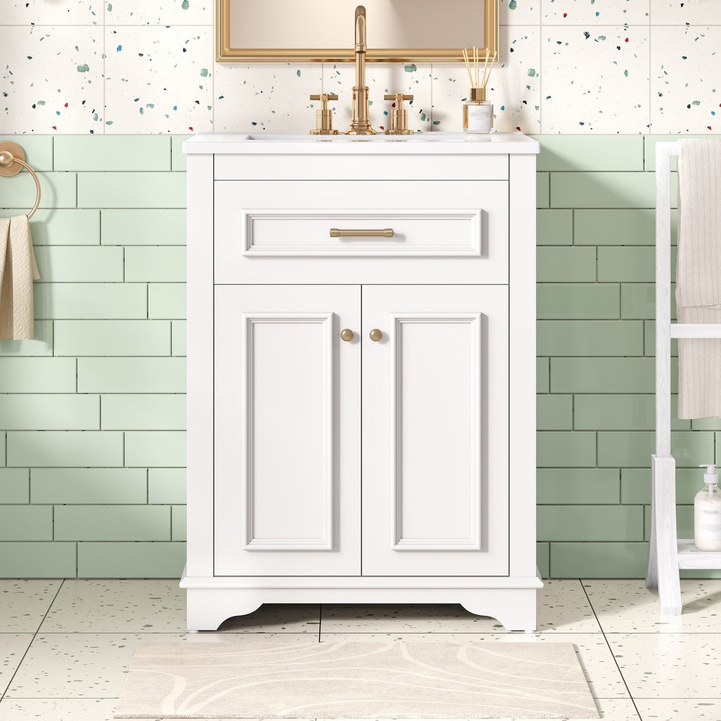 VanityFus 24-in White Single Sink Bathroom Vanity with Ceramic Top Undermount 2 Soft-Closing Doors 1 Drawer Adjustable Shelves
