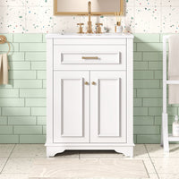 VanityFus 24-in White Single Sink Bathroom Vanity with Ceramic Top Undermount 2 Soft-Closing Doors 1 Drawer Adjustable Shelves