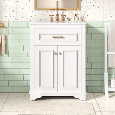 VanityFus 24-in White Single Sink Bathroom Vanity with Ceramic Top Undermount 2 Soft-Closing Doors 1 Drawer Adjustable Shelves