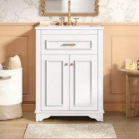 VanityFus 24-in White Single Sink Bathroom Vanity with Ceramic Top Undermount 2 Soft-Closing Doors 1 Drawer Adjustable Shelves
