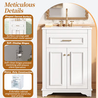 VanityFus 24-in White Single Sink Bathroom Vanity with Ceramic Top Undermount 2 Soft-Closing Doors 1 Drawer Adjustable Shelves