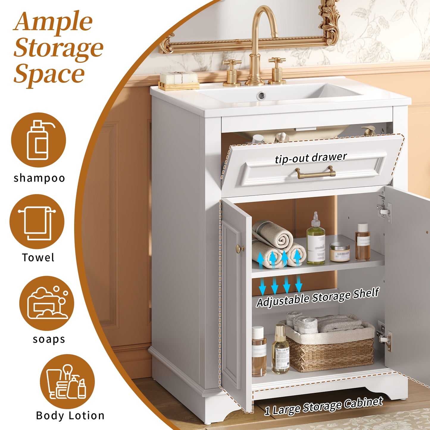 VanityFus 24-in White Single Sink Bathroom Vanity with Ceramic Top Undermount 2 Soft-Closing Doors 1 Drawer Adjustable Shelves