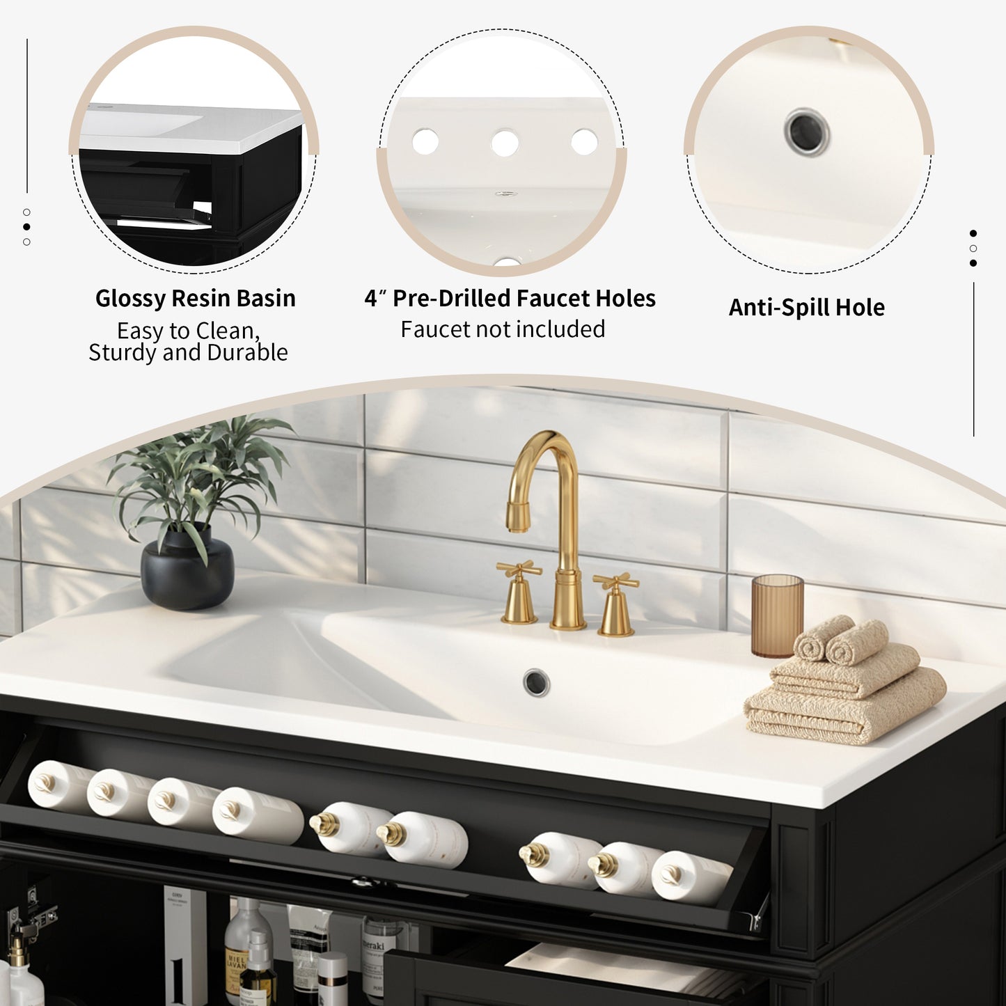 VanityFus 36-in Black Bathroom Vanity Single Sink Combo with Resin Top Undermount 1 Soft Close Door 3 Drawers Adjustable Shelves