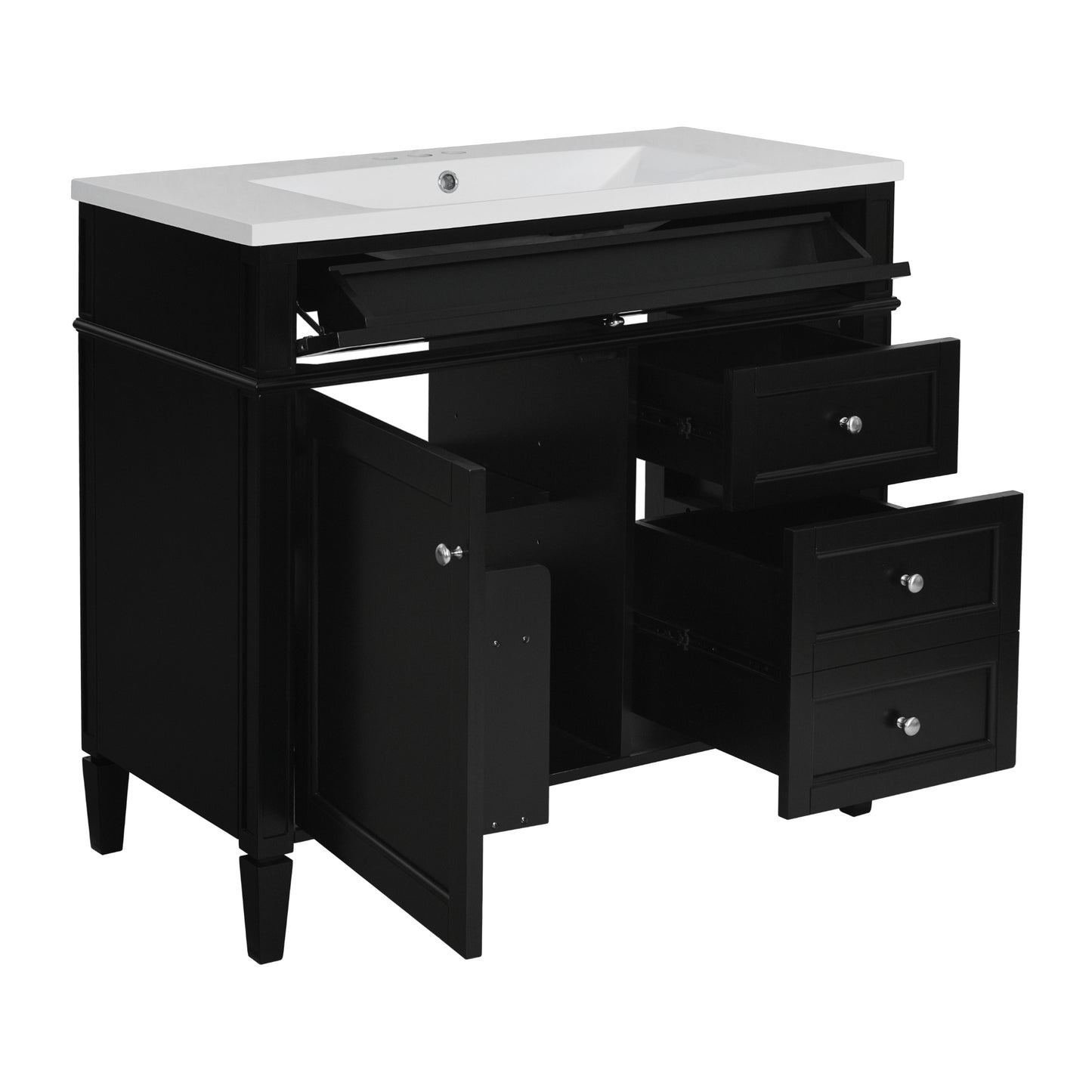 VanityFus 36-in Black Bathroom Vanity Single Sink Combo with Resin Top Undermount 1 Soft Close Door 3 Drawers Adjustable Shelves
