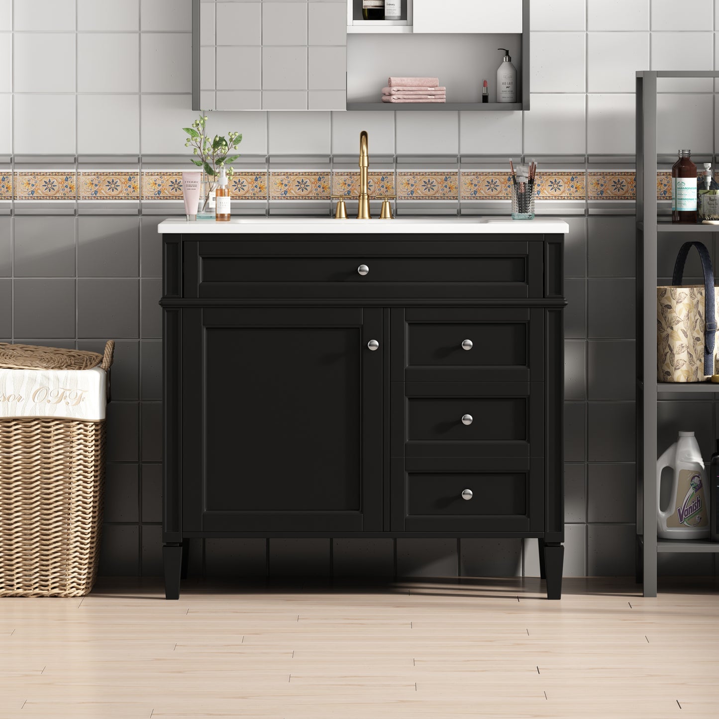 VanityFus 36-in Black Bathroom Vanity Single Sink Combo with Resin Top Undermount 1 Soft Close Door 3 Drawers Adjustable Shelves