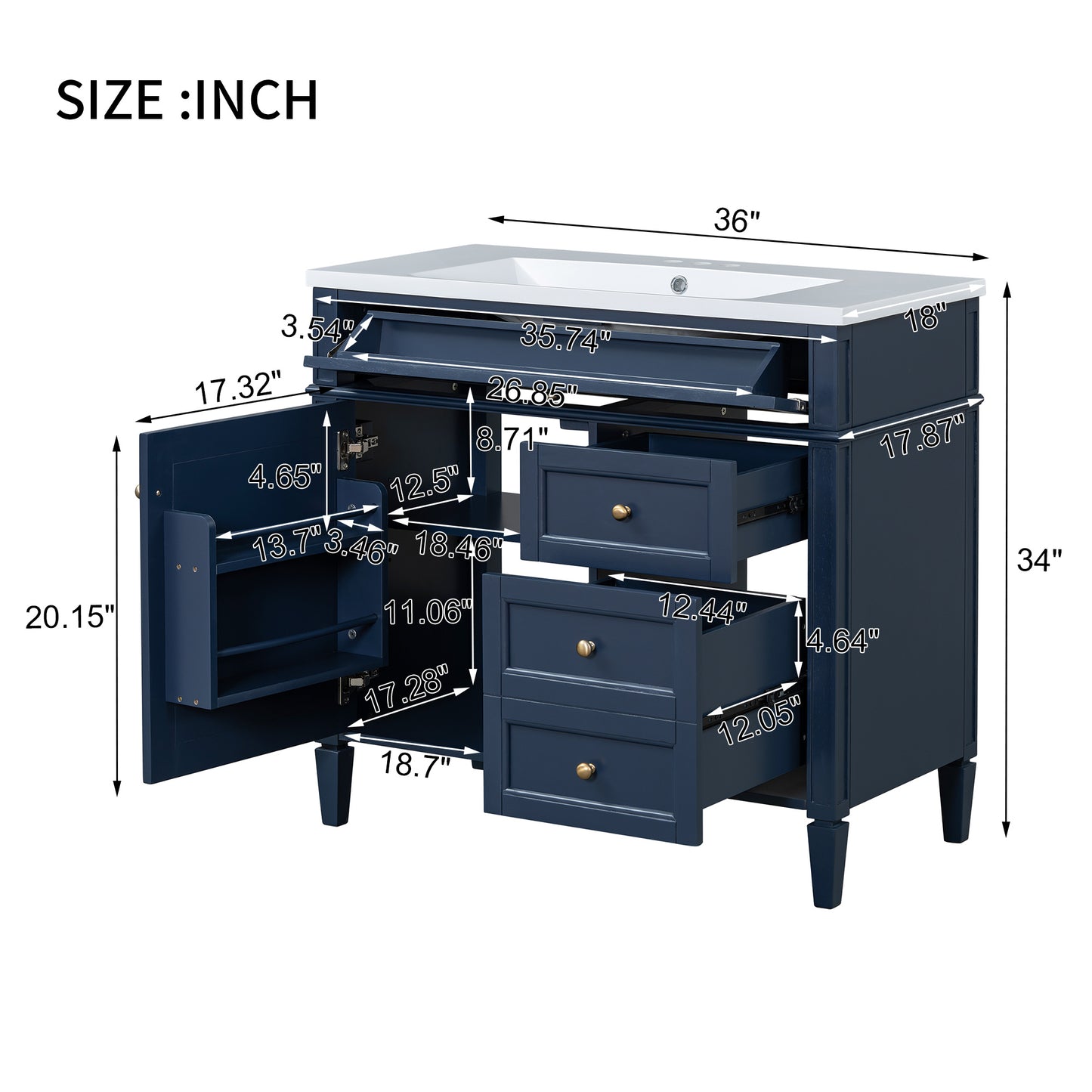 VanityFus 36-in Blue Bathroom Vanity Single Sink Combo with Resin Top Undermount 1 Soft Close Door 3 Drawers