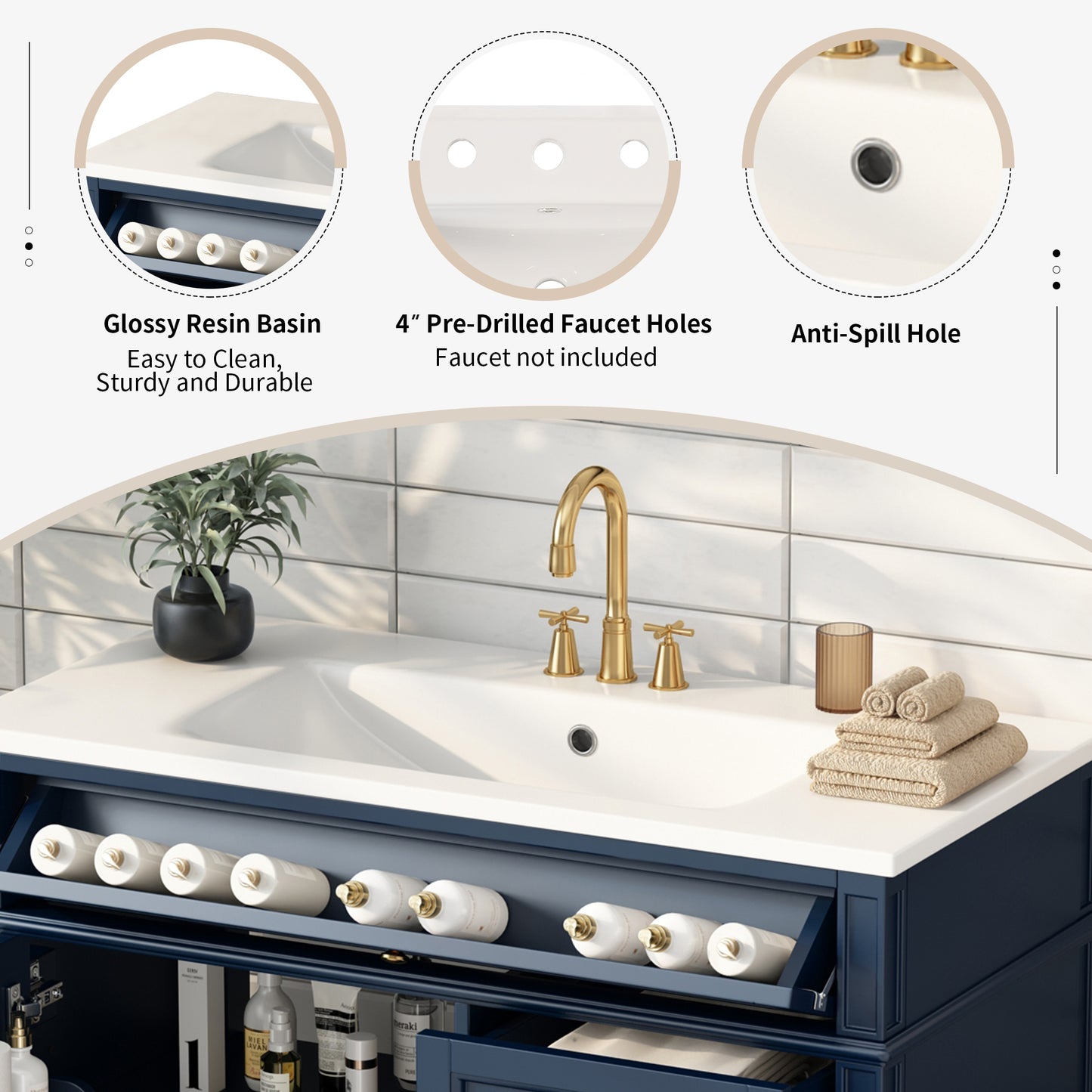 VanityFus 36-in Blue Bathroom Vanity Single Sink Combo with Resin Top Undermount 1 Soft Close Door 3 Drawers