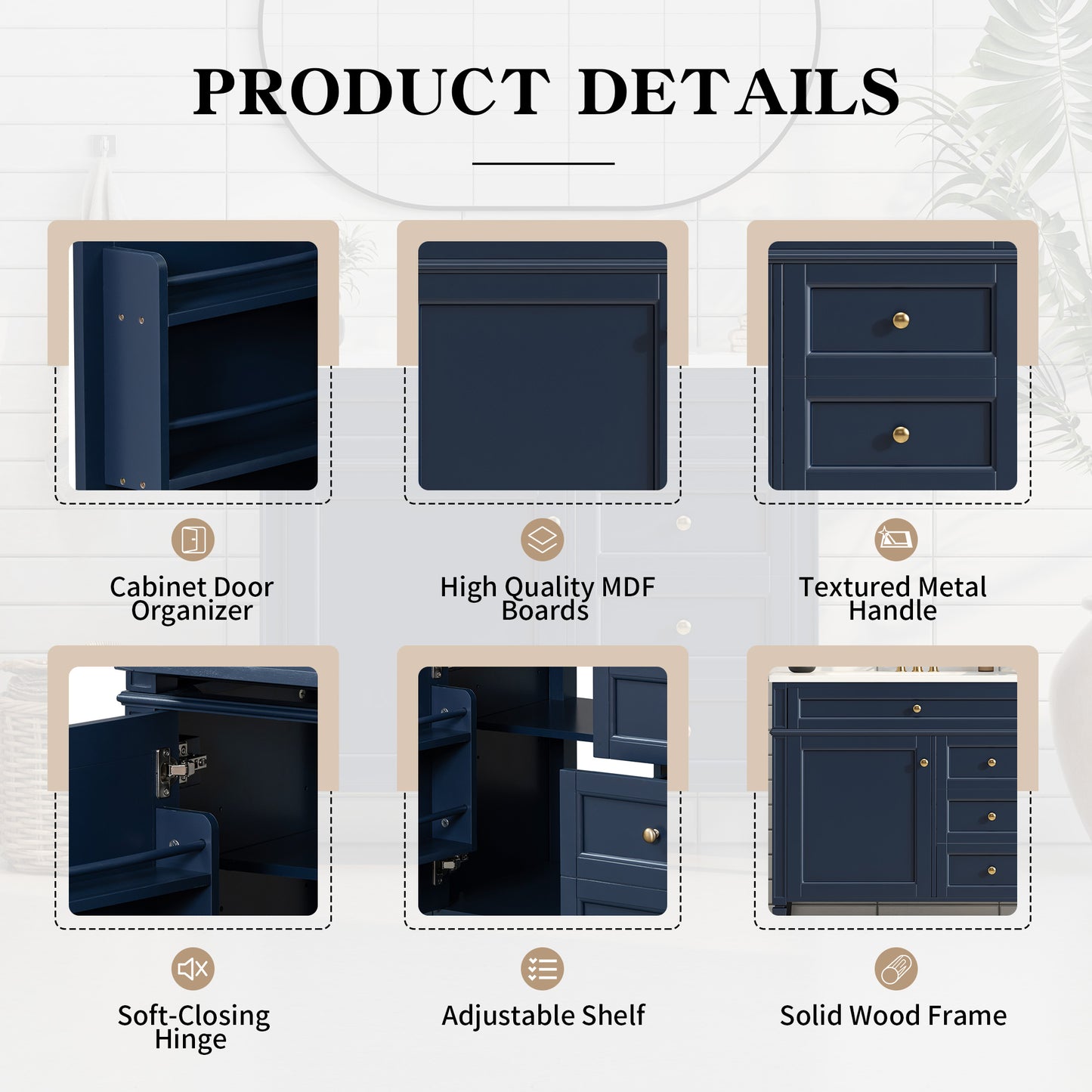 VanityFus 36-in Blue Bathroom Vanity Single Sink Combo with Resin Top Undermount 1 Soft Close Door 3 Drawers