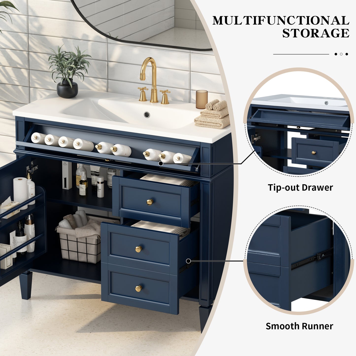 VanityFus 36-in Blue Bathroom Vanity Single Sink Combo with Resin Top Undermount 1 Soft Close Door 3 Drawers