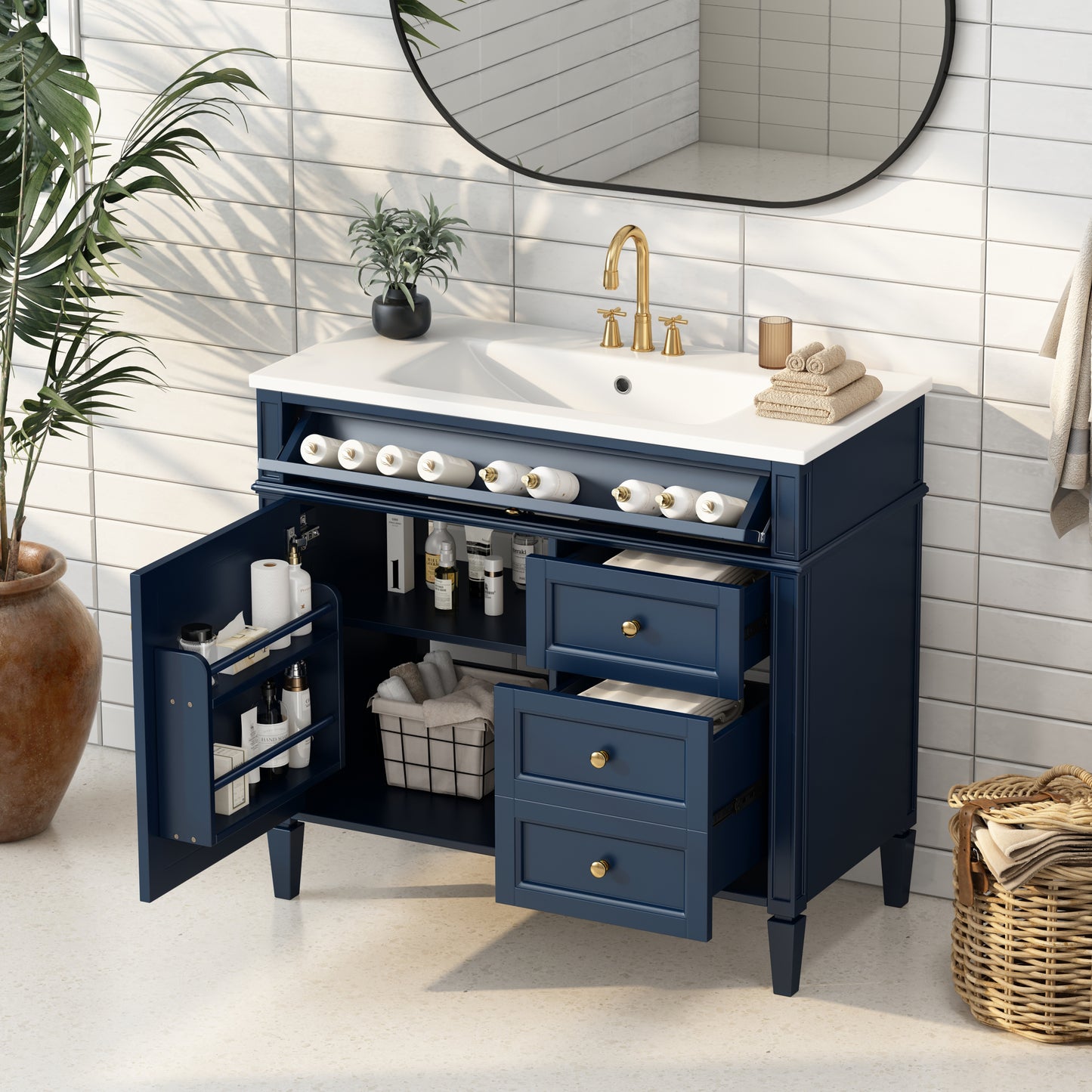 VanityFus 36-in Blue Bathroom Vanity Single Sink Combo with Resin Top Undermount 1 Soft Close Door 3 Drawers